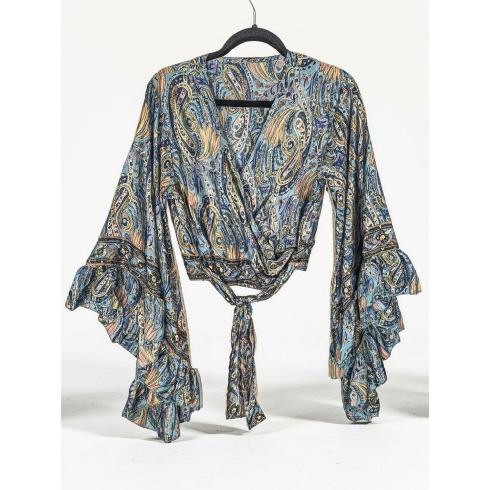 Silk Boho Paisley BellSleeve WrapTop ‎ Romantic Festival Cottagecore Blouse - Picture 4 of 8